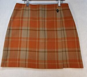 ALINE Petite Plaid Wrap Mini Sirt Orange Brown Tan Button Front Size 14P Retro